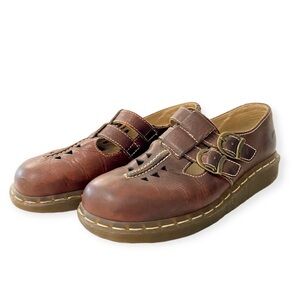 Vintage Dr Martens Double Strap Mary Jane Flat Shoes Loafer Brown Leather